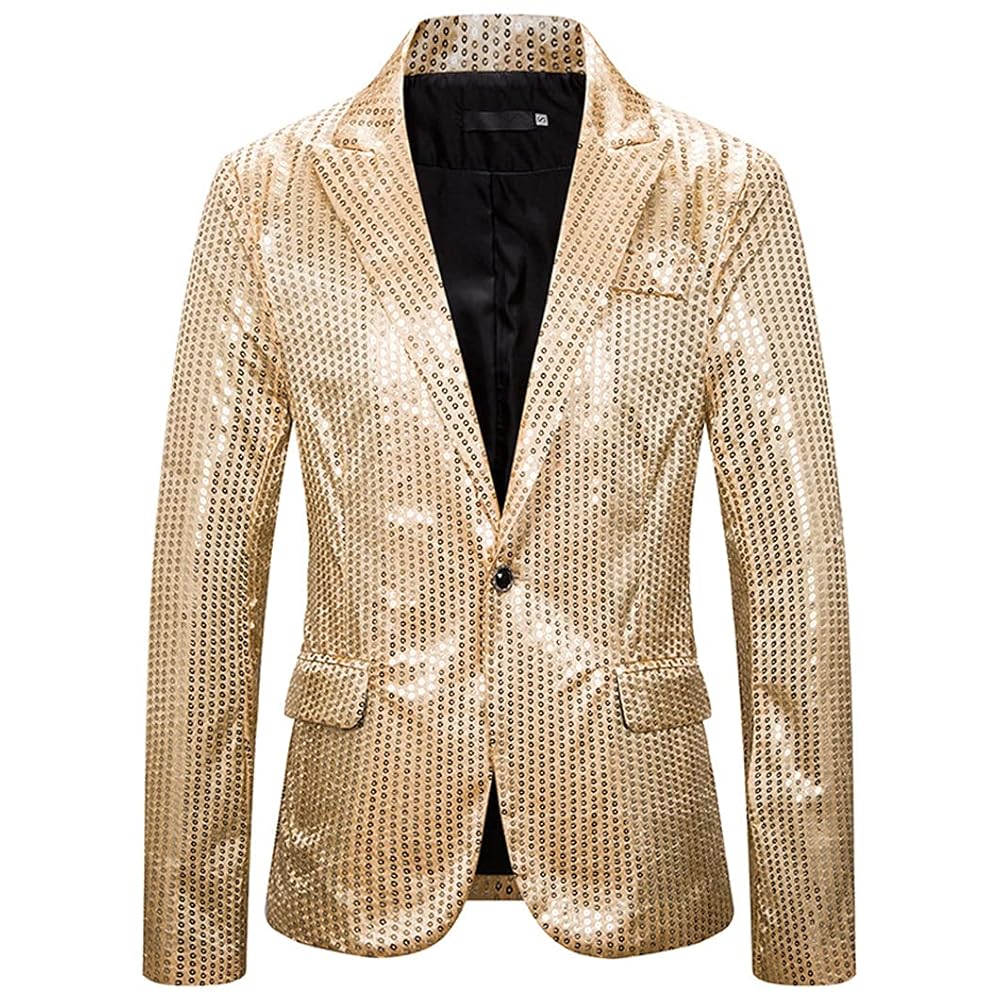 Shiny Gold Sequin Glitter One Button Blazer Jacket Men
